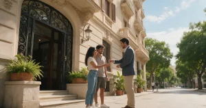 Pareja recibe de un agente inmobiliario las llaves de su piso de alquiler en Valencia