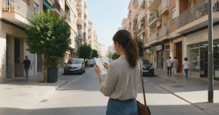 Mujer consulta un mapa en el móvil en una calle residencial de Valencia para elegir barrio