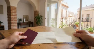 Manos con un pasaporte y un contrato de alquiler sobre una mesa, preparando el empadronamiento en Valencia