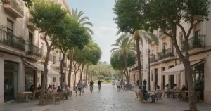 Calle residencial arbolada de Valencia con terrazas, familias y bicicletas